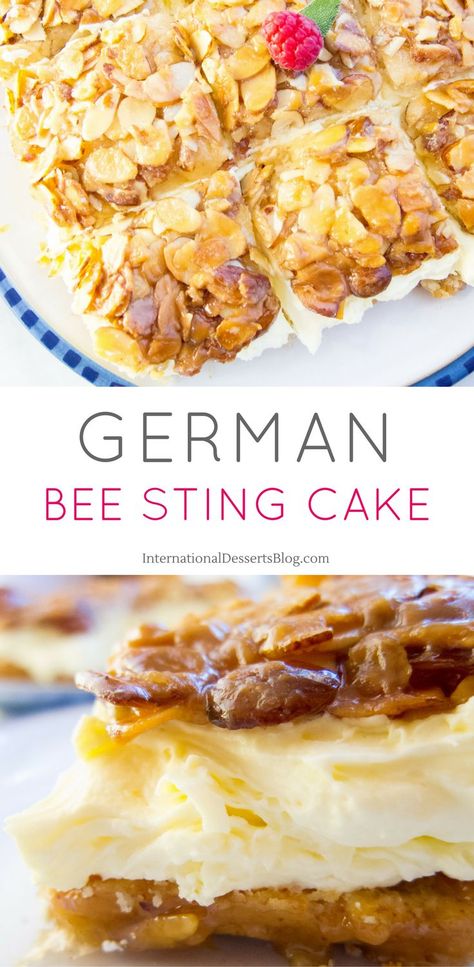 I love this creamy, crunchy honey almond German "Bee Sting Cake"! SO GOOD! #germany #cake #dessert #dessertrecipies Bee Sting Cake Recipe, German Bee Sting Cake, German Traditions, Traditional German Desserts, Bee Sting Cake, Norwegian Recipes, German Food Authentic, German Dishes, Cake International