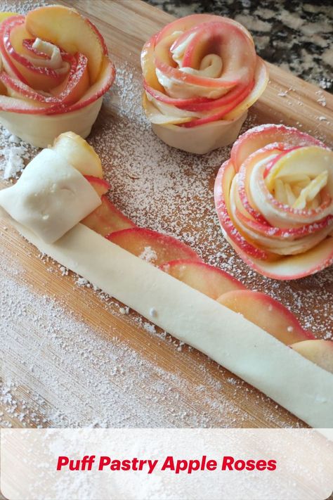 Beautiful apple roses made with puff pastry Essen, Baked Apple Roses, Flower Shaped Food, Tea Party Menu, Flower Desserts, Valentines Recipes Desserts, Puff Pastry Desserts, Roses Beautiful, Dessert Cakes