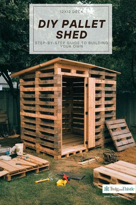 DIY pallet shed guide. This step-by-step tutorial will teach you how to build a pallet shed from scratch, using affordable and sustainable materials. Learn about different designs, from diy pallet shed outdoor storage to pallet garden shed diy projects. Our guide covers everything from the foundation to the roof, including tips for creating a sturdy diy pallet shed floor. Visit the blog post to start building your functional and stylish pallet shed today. Visit now: Twigandthistle.com Wood Pallet Garden Tool Holder, Cabinet Made From Pallets, Chicken House From Pallets, Pallet Wood Shed Plans, Diy Lawnmower Shed, Diy Garden Shed Cheap, Pallet Sheds Buildings, Shed Pallets Diy, Diy Pallet Shed Outdoor Storage