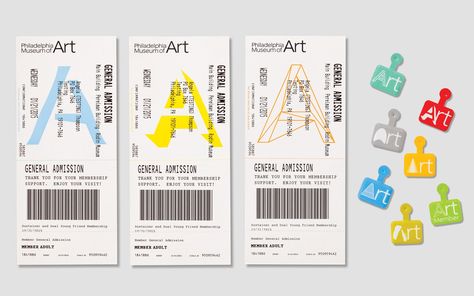 Tickets and admission buttons. Museum Identity, Museum Branding, Philadelphia Art, Museum Tickets, Ticket Design, Facebook Design, Philadelphia Museums, Museum Poster, 카드 디자인