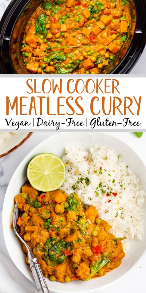 This slow cooker vegetable curry is the easiest set it and forget it meal. It's awesome for a meatless dinner or vegan lunch recipe that is simple to meal prep. It's also gluten-free and dairy-free, really filling and nourishing, and full of that comforting curry flavors you know and love! This crock pot curry uses a lot of pantry staple ingredients, so it's also a very budget friendly recipe! #slowcookercurry #vegancurry #meatless Slow Cooker Vegetable Curry, Vegan Lunch Recipe, Canned Peas, Crock Pot Curry, Hearty Recipes, Slow Cooker Curry, Bean Dishes, Vegan Slow Cooker Recipes, Vegetarian Slow Cooker Recipes