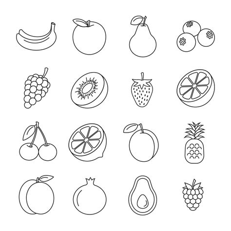 Vector set line icon of fruits Fruit Line Illustration, Fruits Line Art, Fruit Outline Drawing, Berry Doodles, Line Art Fruit, Fruit Line Drawing, Fruit Sketches, Kitchen Lettering, Fruit Line Art