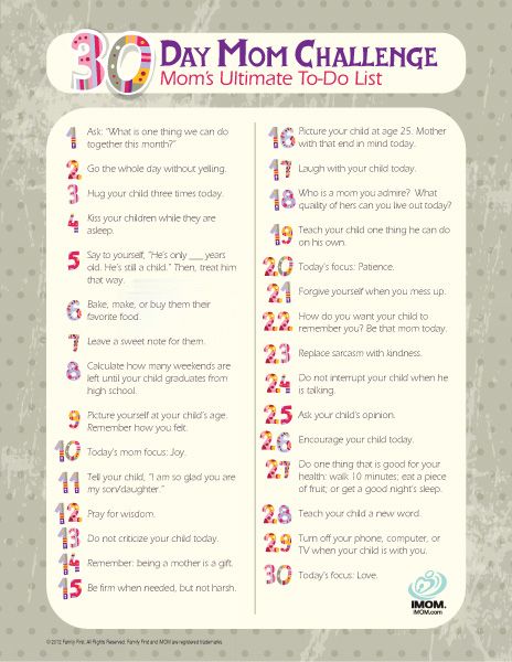 30 Day Mom Challenge    http://imom.com/tools/build-relationships/30-day-mom-challenge/  #mom #Challenge 30 Day Challenge, Uppfostra Barn, Mom Challenge, Better Mom, Parenting Help, Budget Planer, Parenting 101, Parenting Skills, Mommy Life