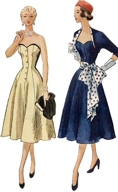 Vintage Dresses Illustration, Clothing Sketches Dresses Vintage, 1950s Fashion Design, Vintage Outfit Sketches, 50s Fashion Plates, 50s Fashion Catalog, Vintage Outfits Female, Sketch Ideas Vintage, Vintage Clothing Pattern Illustration