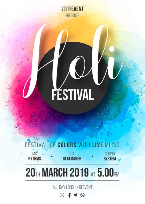 Holi festival poster template ready to print Free Vector Holi Festival Poster, Holi Poster, Holi Party, Holi Festival Of Colours, Advertising Graphics, Holi Colors, Free Brochure, Poster Watercolor, Mandala Art Therapy