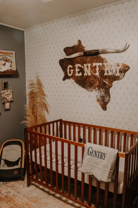 Cowhide On Wall Nursery, Modern Cowgirl Nursery, Cowboy Hat Nursery, Rustic Boys Nursery, Country Western Nursery, Country Boy Nursery Ideas, Wild West Nursery Theme, Western Neutral Nursery, Gender Neutral Nursery Western