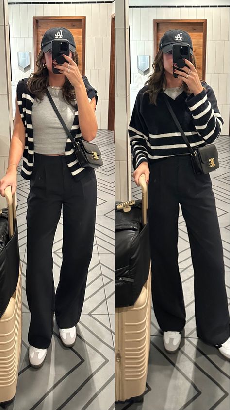 Trouser Airport Outfit, Black Pants Outfit Women Casual, Winter Casual Brunch Outfit, Black Trouser Casual Outfit Women, Short Women Outfits Casual, Black Pants Women Outfits, Black Dress Pants Casual Outfit, Outfits For Short Legs Women, Trousers For Short Women