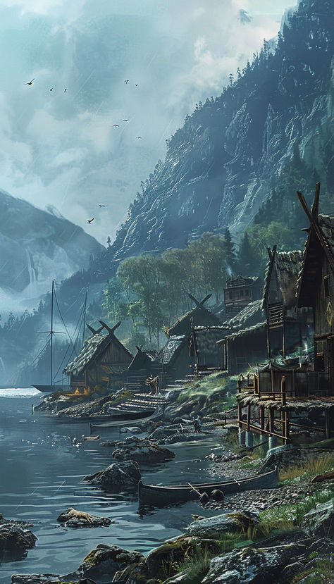 Viking Village Setting Viking Castle Art, Viking City Fantasy Art, Viking Village Aesthetic, Viking Village Concept Art, Viking Scenery, Viking Village Map, Fantasy Viking Village, Viking Ulfhednar, Fantasy Setting Village