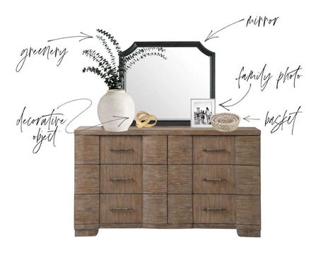 Modern Rustic Bedroom Dressers, Bedroom Mirror Dresser Decor, How To Style A Bedroom Chest Of Drawers, Mcgee Dresser Styling, Master Dresser Decor With Mirror, What To Put Above Dresser In Bedroom, Bedroom Dresser Decor Under Tv, Dresser Table Decor, Long Dressers Bedroom Decor