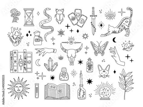 Patchwork, Traditional Tattoo Vector, Flash Art Tattoos, Traditional Tattoo Black And White, Witchcraft Tattoos, Mystical Tattoos, Beginner Tattoos, Boho Tattoos, Witch Tattoo