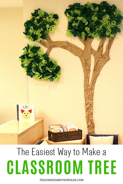 Learn how to make a simple classroom tree using cardboard and tissue paper with this easy tutorial! #classroom #preschool #toddler #design #backtoschool #age2 #age3 #teaching2and3yearolds How To Make A Tree For Classroom, Tissue Paper Leaves, Tissue Paper Trees, Paper Tree Classroom, How To Make Trees, Classroom Tree, Simple Classroom, Classroom Preschool, Preschool Supplies