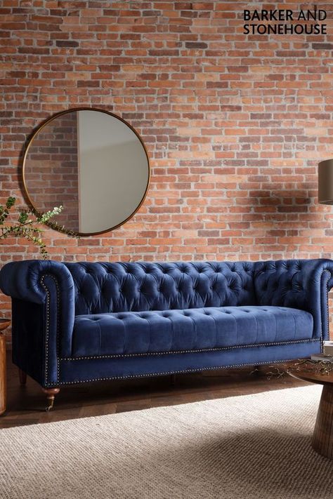 Barker and Stonehouse Duchamp Velvet Chesterfield 3.5 Seater Sofa Chesterfield Sofa Living Room Blue, Blue Velvet Chesterfield Sofa, Zaragoza, Navy Blue Formal Living Room, Deep Blue Velvet Sofa, Velvet Chesterfield Sofa Living Rooms, Velvet Couches Living Room, Blue Chesterfield Sofa Living Room, Dark Blue Velvet Couch