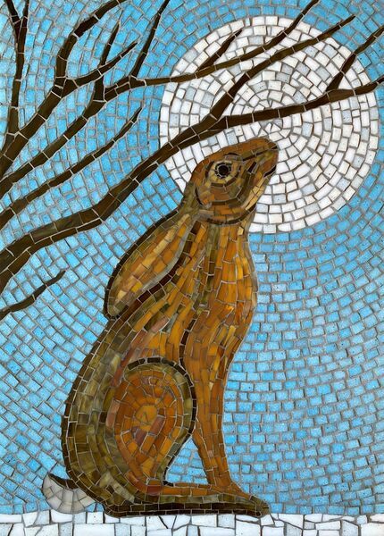 Moon Gazing Hare Mosaic, Mosaic Hare, Chicken Mosaic, Hare Mosaic, Turkey Mosaic, Deer Mosaic, Bear Mosaic, Owl Mosaic, Mosaic Furniture