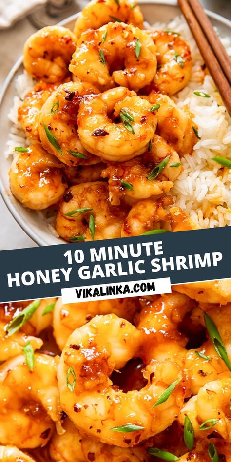 This delicious honey garlic shrimp takes less than 10 minutes to make! Get the secrets to this restaurant quality dish, which could be easily made at home! Essen, Easy Shrimp Dinner, Cooked Shrimp Recipes, Honey Garlic Shrimp, Shrimp And Rice Recipes, Aesthetic Health, Tattoo Health, Shrimp Dinner, Prawn Recipes