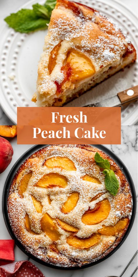 Try this easy recipe for fresh peach cake when peaches are in season. Soft & tender with a light sugar topping and 2 layers of juicy peaches. #summerdesserts #peach #cake Quiche, Fresh Peach Cake, Peach Cake Recipe, Easy Peach Recipes, Peach Cake Recipes, Easy Homemade Cake, Fresh Peach Recipes, Soft Cake, Peach Dessert Recipes