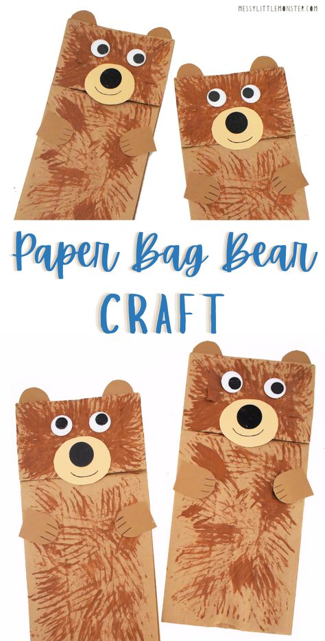 Brown Bear Paper Bag Puppet, Brown Bag Puppets, Easy Bear Crafts For Preschool, 3 Bears Craft Preschool, Brown Bear Preschool Craft, Paper Bag Bear Puppet, Bear Puppet Paper Bag, Brown Bear Crafts For Toddlers, Three Little Bears Craft Preschool