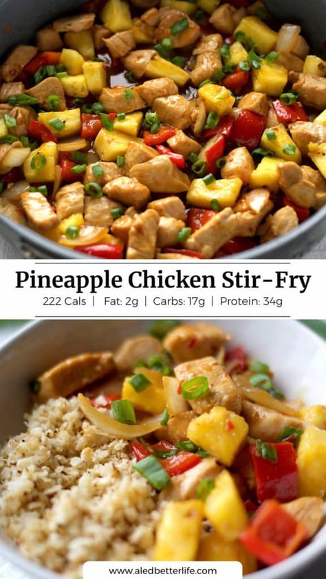 Essen, Sweet Chili Pineapple Chicken, Macro Stir Fry, Thai Pineapple Chicken, Savoury Pineapple Recipes, Low Calorie Pineapple Chicken, Chicken And Pineapple Stir Fry, Macro Friendly Stir Fry, Julie Ledbetter Recipes