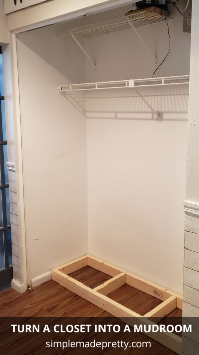 Small Area Mudroom Ideas, Hall Closet To Mudroom Diy, Built In Lockers Mud Rooms Diy, Hall Closet Renovation, Diy Bench In Closet, Hallway Closet To Mudroom, Closet Mudroom Entryway Diy, Small Closet To Mudroom, Front Closet Organization Ideas