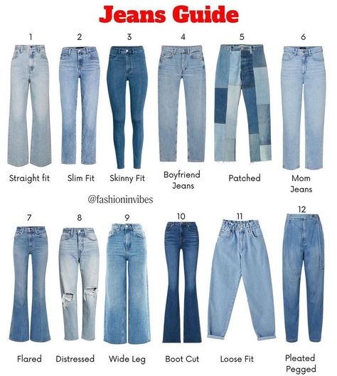 By: @fashion.selection on IG Jeans Names Women, Jeans Different Types, Type Of Jeans For Women, Different Jeans Name, The Best Jeans For Women, Types Of Jeans Style, Jeans Name For Women, Jean Types Chart, Type Of Outfit Styles