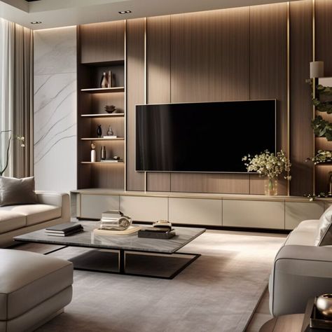 A spacious living room features a wall-mounted TV surrounded by chic, contemporary furniture. Wall Mounted Tv Design, Tv Unit Design In Living Room, Contemporary Design Living Room, Tv Wall Design Contemporary, Living Room Designs Tv Unit, Modern Luxury Tv Unit Design, Modern Contemporary Tv Wall, Contemporary Living Room Tv Wall, Tv Wall Bedroom Design