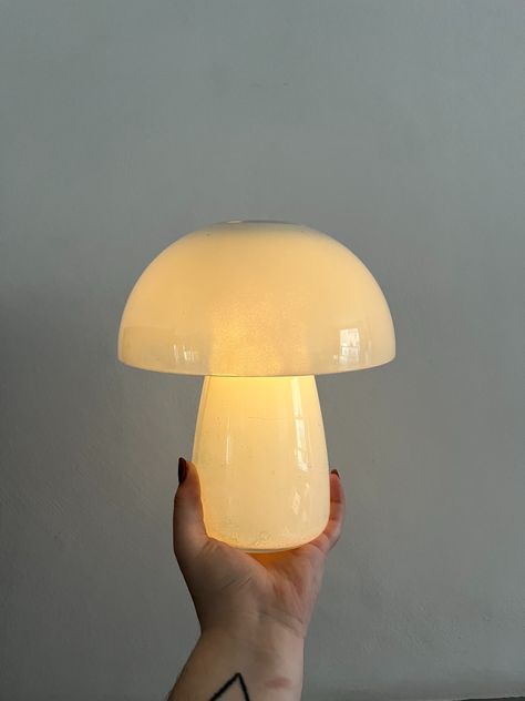 How to make a mushroom lamp using 3 super cheap IKEA staples | Livingetc Portable Mushroom Lamp, Mushroom Ikea Lamp, Åskmuller Ikea, Led Mushroom Lights Diy, Cute Bedroom Lamp, Mishroom Lamp, Cute Mushroom Lamps, Muchroom Lamp, Small Mushroom Lamp