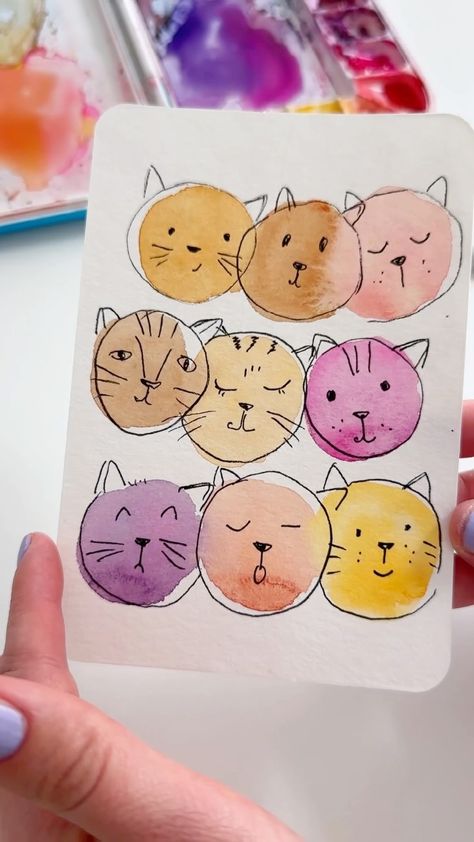 Anna Koliadych | The cutest watercolor cats! 🐱 🎨🎨🎨Fun and easy way to practice, it’s a lovely idea for greeting cards. 😌🥰😉 #watercolor… | Instagram Gouache Card, Greeting Cards Watercolor, Crafternoon Ideas, Watercolor Doodles, Birthday Card Idea, Watercolor Cats, Learn Watercolor Painting, Watercolor Birthday Cards, Cards Watercolor