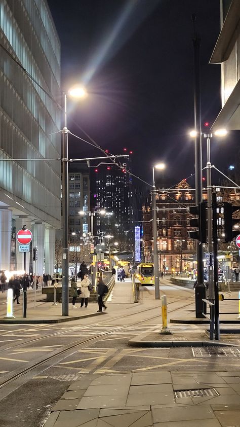 Manchester night tram Manchester At Night, Manchester Aesthetic Night, Manchester Aesthetic, Travel Visionboard, London City Night, Manchester Photography, England Manchester, Uk Aesthetic, Croydon London