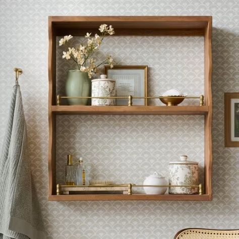 Shelves + Organization Shop - Magnolia Wall Cube Shelves, Floating Shelf With Brass Rail, Over Toilet Shelves Decor, Three Mirrors In Bathroom, Bathroom Ledge Decor, Bathroom Nook Shelves, Kitchen Display Shelf, Narrow Shelf Styling, Hanging Plant Bathroom