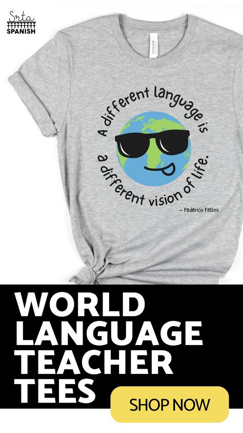 Looking for tshirts for your world language department? Check out 7 world language department shirts you can match in! These are cute for foreign language teachers and world language teachers in your school district! Click to shop! World Language, Funny Spanish, Dress Down Day, Middle School Spanish, Spanish Shirts, Spanish Lesson Plans, High School Spanish, World Languages, Spanish Classroom