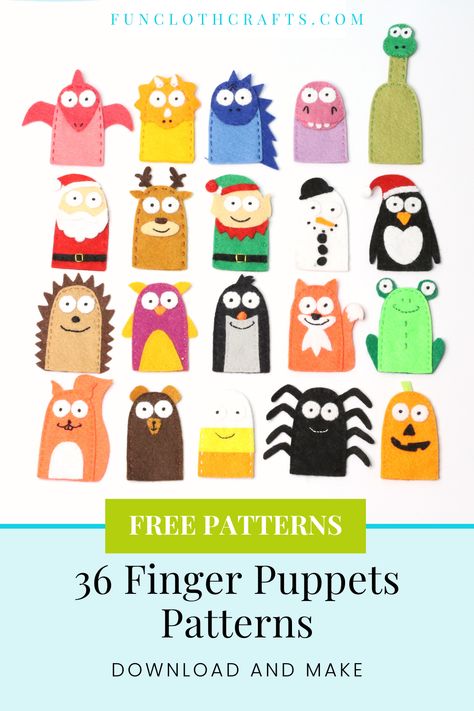 36 finger puppet patterns | Free Patterns | Felt finger puppets Felt Puppet Patterns Free, How To Make Felt Finger Puppets, Felt Finger Puppet Patterns Templates Free, Felt Puppets Diy For Kids, Hand Puppet Sewing Pattern, Free Felt Finger Puppet Patterns, Felt Puppets Patterns, Diy Hand Puppets For Kids, Diy Felt Finger Puppets