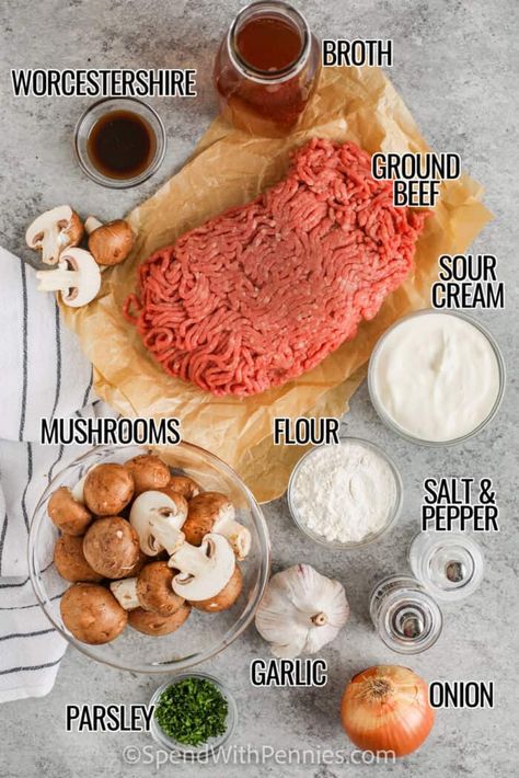 Ground Beef Stroganoff (Hamburger) - Spend With Pennies Beef Stroganoff Hamburger, Hamburger Beef Stroganoff, Dish With Mushrooms, Easy Stroganoff Recipe, Crock Pot Stroganoff, Beef And Mushroom Recipe, Beef Mushroom Stroganoff, Hamburger Stroganoff Recipe, Easy Ground Beef Stroganoff