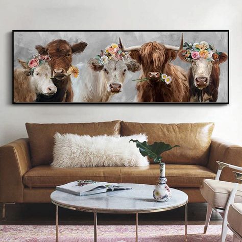 PRICES MAY VARY. 【Cow Wall Art Size】:16"x47"(40cmx120cm);floral cow wall art are unframed, you can choose to hang it or stick it on the wall according to your ideas. 【Funny Floral Cow Wall Art】:This farmhouse style wall art compines the funny cow and the simplicity of background making a fantastic effect, funny floral cow canvas painting can easily complement your home decor. Hope this chic farmhouse animal pictures can brighten your home and share your happiness and joy with us. 【Perfect Home D Cow With Flowers Painting, Cow With Flowers, Farmhouse Pictures, Unique Farmhouse Decor, Wall Art Funny, Wreath Wall Decor, Cow Wall Art, Wall Decor For Living Room, Cow Decor