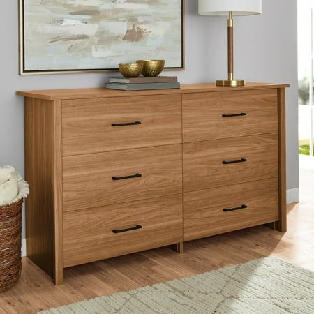 Give your clothes the spacious and stylish home they deserve with this 6 drawer dresser from the Mainstays Hillside collection. This double dresser features six large drawers that open and close on smooth metal runners for easy access to what makes you happy: big sweatshirts, your favorite pair of lived in jeans or the coziest blanket you own. With a spacious top surface, this bedroom dresser provides you with additional space to keep your bedroom essentials as well as home dcor. Keep your perfume, wrist watch, or favorite candle in an easy to reach spot on top of this dresser with storage. Simplicity and timeless design make this chest of drawers a perfect addition to any bedroom furniture set in your home. Finished in Espresso, let the Mainstays Hillside 6 drawer chest offer you style an Long 6 Drawer Dresser, Bedroom Artwork Above Dresser, Crate And Barrel Dresser, Organic Modern Bedroom Dresser, Apartment Bedroom Dresser, Dresser With Shelves Above, Boy Bedroom Dresser, Light Wood Dresser Bedroom, His And Hers Dressers