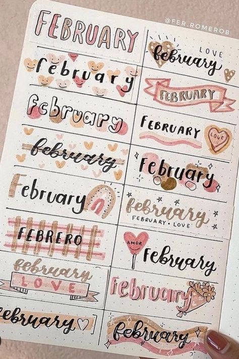 Journal Title Ideas, Bullet Journal Header, February Bujo, Monthly Bujo, Buku Diy, Tittle Ideas, Bullet Journal Titles, Bullet Journal Work, Organizator Grafic