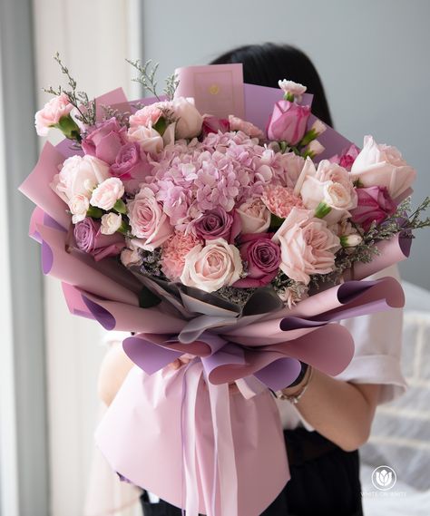 Large bouquet that definitely make her day, hydrangea, roses, carnations, all of that in one bouquet! Pink, Flowers, Birthday, Large Bouquet, Bouquet Of Flowers, White Flowers, Ribbon, White