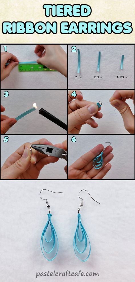 Steps to make tiered ribbon earrings Cute Diy Earrings Ideas Easy, Diy Clip On Earrings How To Make, How To Make Diy Earrings, Easy Earings Ideas, How To Make Homemade Earrings, How To Make Earrings Diy, Earrings Diy Handmade How To Make, Diy Earrings Easy How To Make, Easy Diy Jewelry Earrings