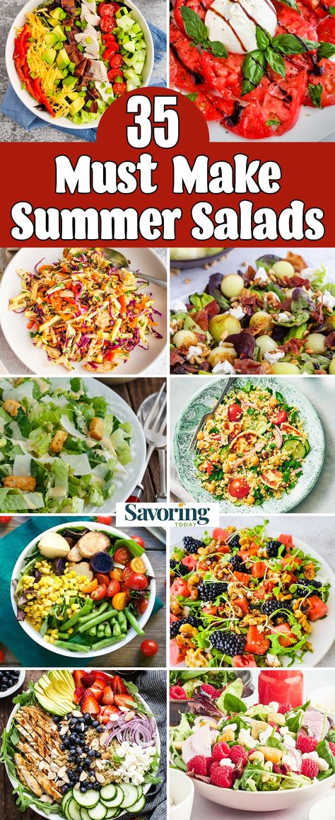 A roundup of summer salad recipes, including side dishes, light lunches, protein-rich main dish salads, and potluck take-alongs. Step away from the stove and serve up cool crisp salads for lighter meals this summer! #summersalads #saladrecipes #easydinners #easymeals Quiche, Cool Salad Recipes, Lettuce Salads For Parties Side Dishes, Side Dinner Salad, Fruity Salads Recipes, Meals With Salad On The Side, Salad To Serve With Chili, Great Summer Salads, Bbq Salads Summer