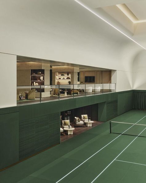 Chelsea Barracks | Game. Set. Matchless. Discover Centre Court at Chelsea Barracks, a hidden gem of a court concealed within the new health club offering at… | Instagram Sports Club Interior Design, Home Indoor Sports Court, Sport Centre Design, Indoor Tennis Court Home, Tennis Club Interior Design, Sport Interior Design, Sport Club Architecture, Sports Interior Design, Indoor Pickleball Court