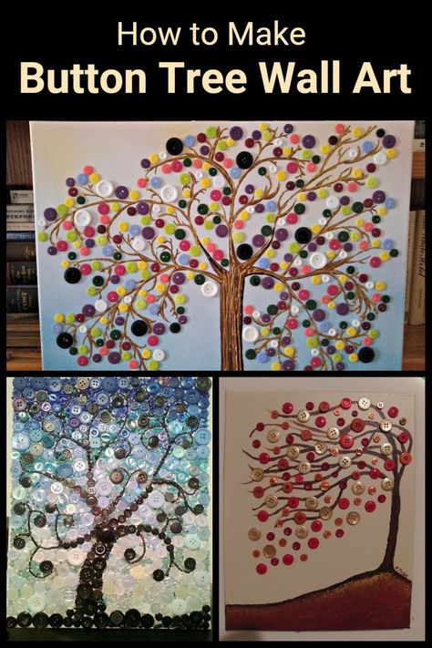 Button Tree On Canvas, Upcycling, Pictures Made From Buttons, Crafty Wall Art, Buttons Art Ideas, Crafts To Make With Buttons, Button Trees On Canvas, Button Collage Art, Uses For Buttons