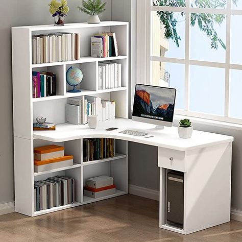 Desk With Bookshelves, Workspaces Design, Wood Corner Desk, Computer Table Design, Bookshelf White, Corner Writing Desk, Desk Corner, Study Table Designs, Study Corner