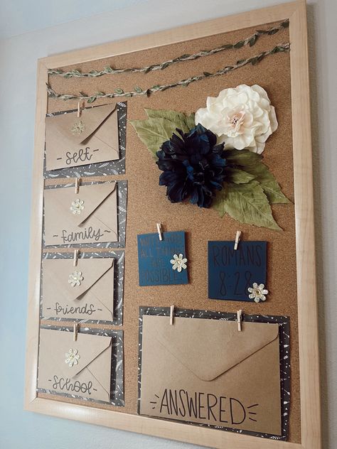 Prayer Journal Vision Board, Bible Area At Home, Cute Christian Bedroom Ideas, Christian Wall Decor Ideas Bedroom, Prayer Boards With Envelopes, Vision Prayer Board Ideas, Pray Room Ideas Christian, Christian Decor Ideas For Bedroom, Prayer Boards For Kids