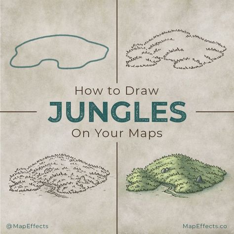 Fantasy Map Drawing Symbols, Map Effects Fantasy Map Builder, How To Draw A Forest On A Map, How To Draw Cities On Fantasy Maps, How To Draw Trees On A Map, How To Draw Jungle, Drawing Maps Art, Fantasy Map Painting, Fantasy Map Art Ideas