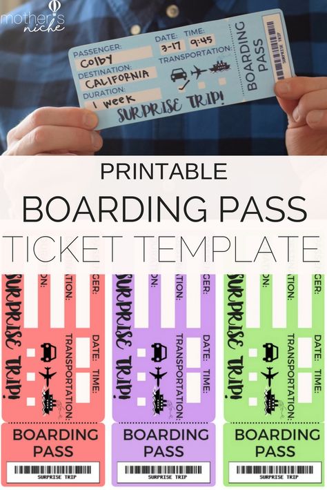 FREE Printable Ticket Template for Surprising a Vacation Fake Plane Ticket, Surprise Trip Reveal, Ticket Template Free, Travel Theme Classroom, Surprise Vacation, Boarding Pass Template, Around The World Theme, Printable Tickets, Travel Tickets