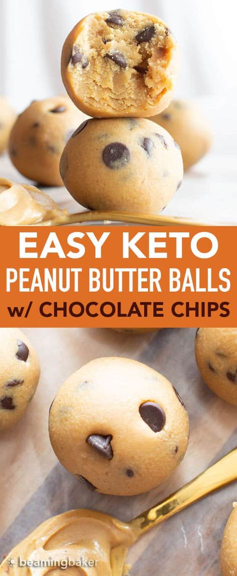 4 Ingredient Keto Peanut Butter Balls with Chocolate Chips (Low Carb) - Beaming Baker Thermomix, Keto Peanut Butter Balls, Beaming Baker, Peanut Butter Balls Recipe, Keto Peanut Butter, Low Carb Peanut Butter, Healthier Desserts, Butter Balls, Keto Chocolate Chips