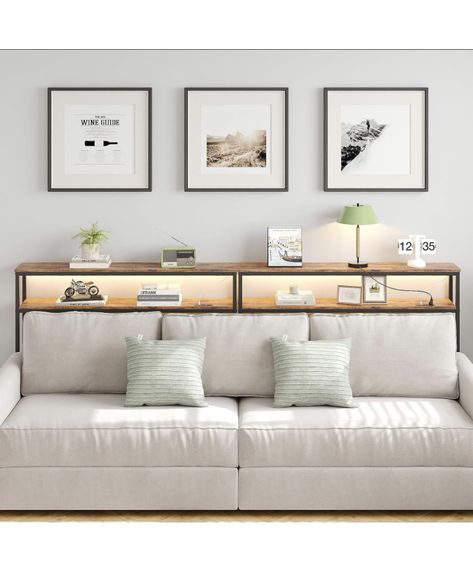 Behind Couch Plant Table, Sofa Table With Shelf, Back Of Couch Storage, Book Shelf Behind Sofa, Furniture For Back Of Sofa, Lighting Above Sofa, Self Behind Couch, Tall Sofa Table, Wall Shelves Over Sofa