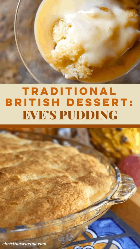 Eve’s Pudding is a traditional British apple dessert which entails a cake-like topping on baked apples. Served with custard, it’s another brilliant “keeper” of a recipe. British Bakes Recipes, Easy Apple Charlotte, Baked Apples With Custard, Custard Pudding Cake, Great British Menu Recipes, Eves Pudding Uk, Apple Custard Desserts, British Cooking Recipes, British Bread Pudding Recipe