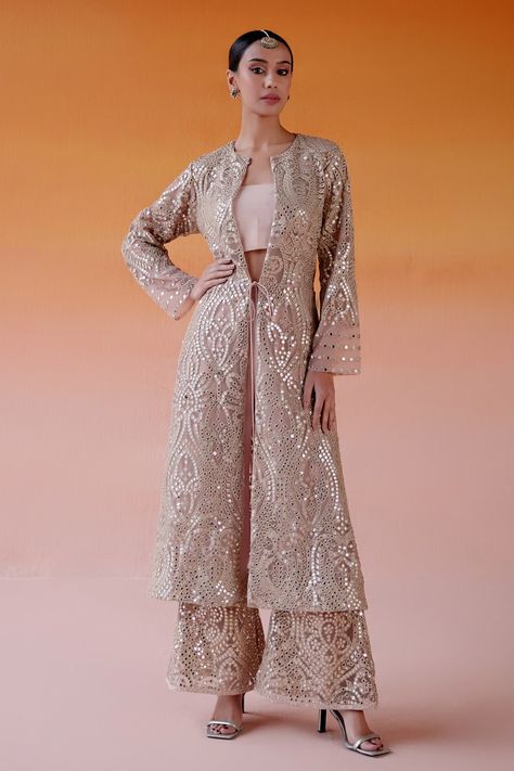 Shop for these amazing collections of Pink Net Embroidered Mirror Plunged Notched Long Jacket For Women by Twenty Nine online at Aza Fashions. Long Jacket Outfit, Long Jacket For Women, Dotti Dresses, Intricate Mirror, Net Jacket, Light Suit, Long Jackets For Women, Fashion Mirror, Boutique Dress Designs