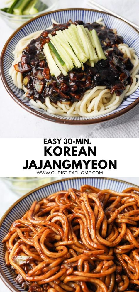 Korean Food Recipes, Korean Black Bean Noodles, Korean Noodle Dishes, Thick Noodles, Koreansk Mad, Chinese Noodle Dishes, Black Bean Noodles, Bean Noodles, Makanan Rendah Kalori