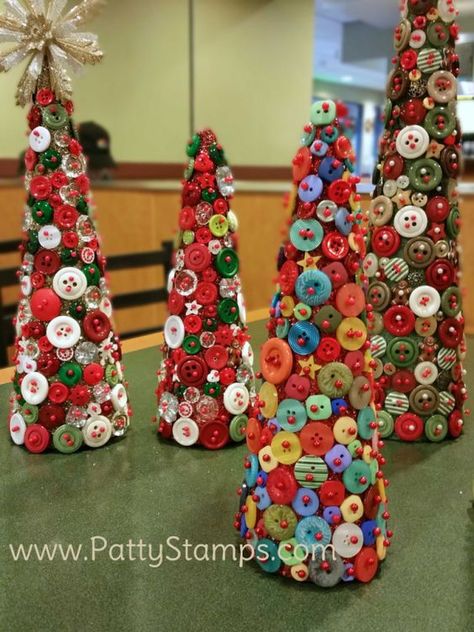 Button Christmas Trees featuring retired Stampin Up! buttons and styrofoam cones by Patty Bennett, Joy and Roxy Button Crafts, Christmas Button Crafts, Button Trees, Buttons Crafts Diy, Button Tree, Christmas Buttons, Christmas Tree Crafts, Holiday Crafts Christmas, Christmas Ornament Crafts