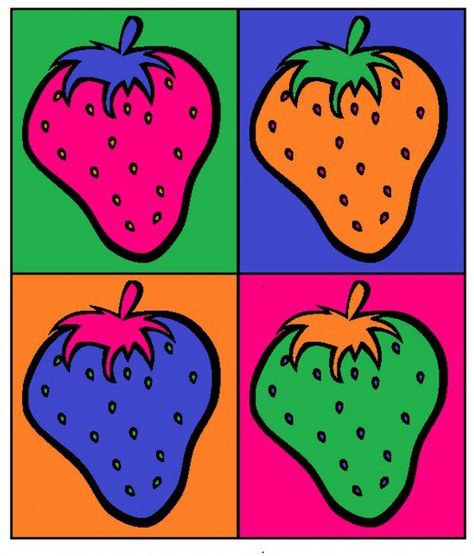 Finished strawberry pop art.                                                                                                                                                                                 More Pop Art Party, Strawberry Pop, Art Andy Warhol, Pop Art Food, Konst Designs, Pop Art For Kids, Andy Warhol Pop Art, Fall Tree Painting, Andy Warhol Art